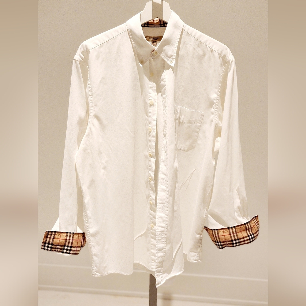 Burberry White Shirt with Plaid Cuffs LARGE mens